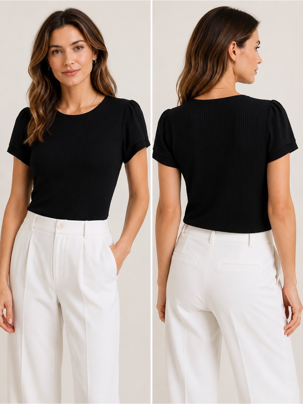 352. Anne Klein Black Ribbed Puff-Sleeve Top